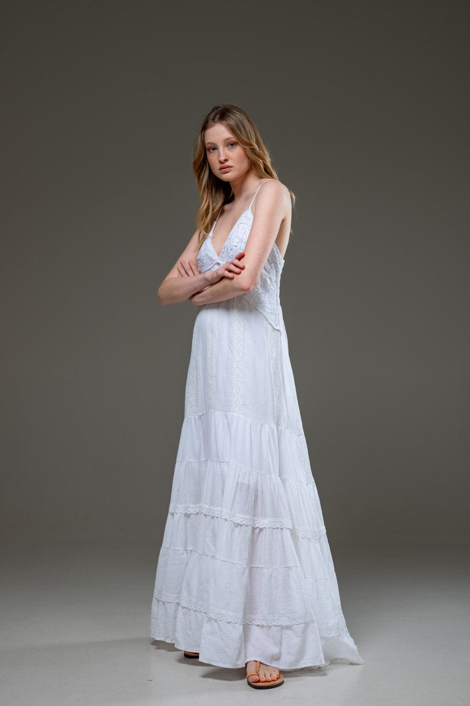 White Organic Cotton Spaghetti Strap Ruffled hemline Long Dress