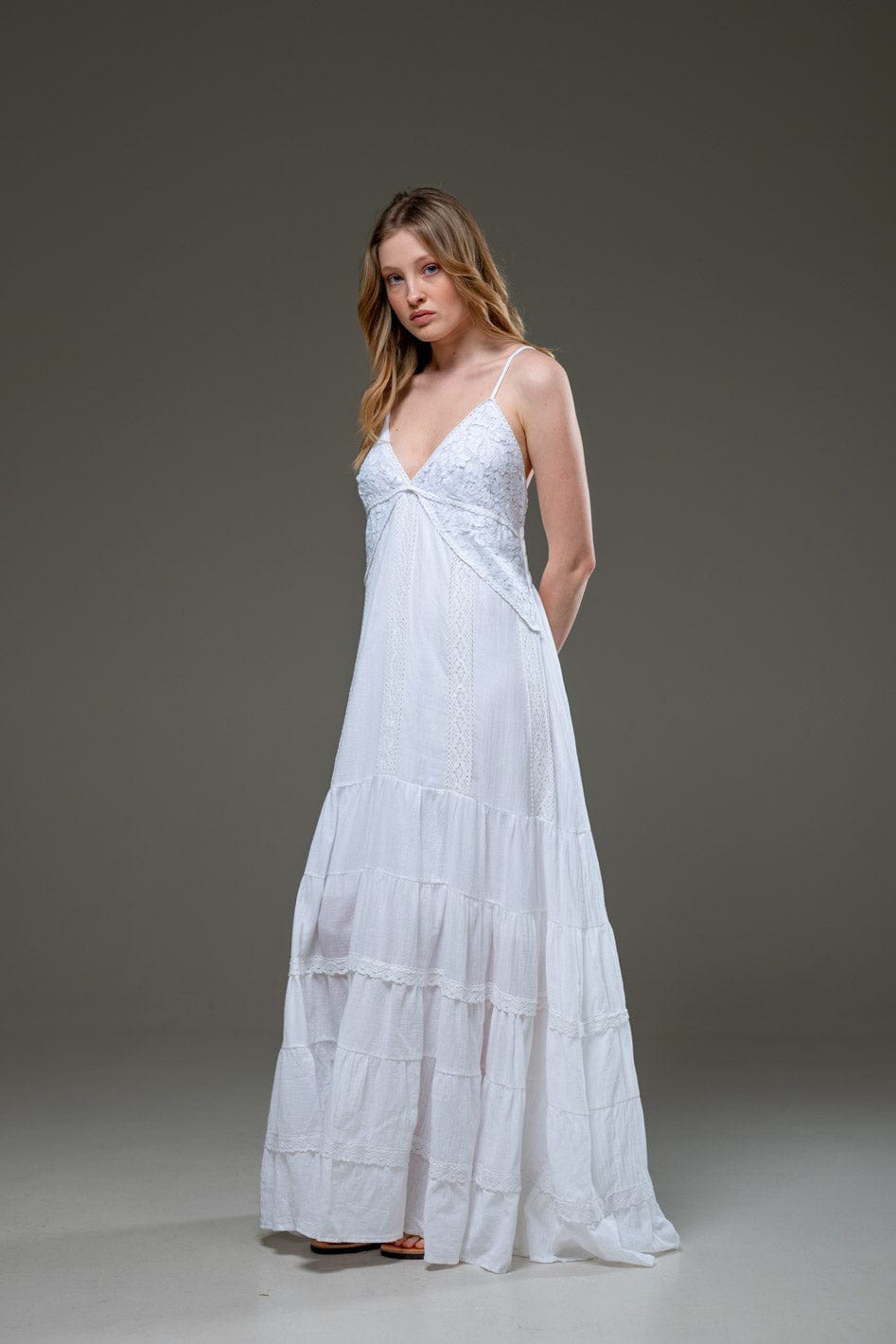 White Organic Cotton Spaghetti Strap Ruffled hemline Long Dress