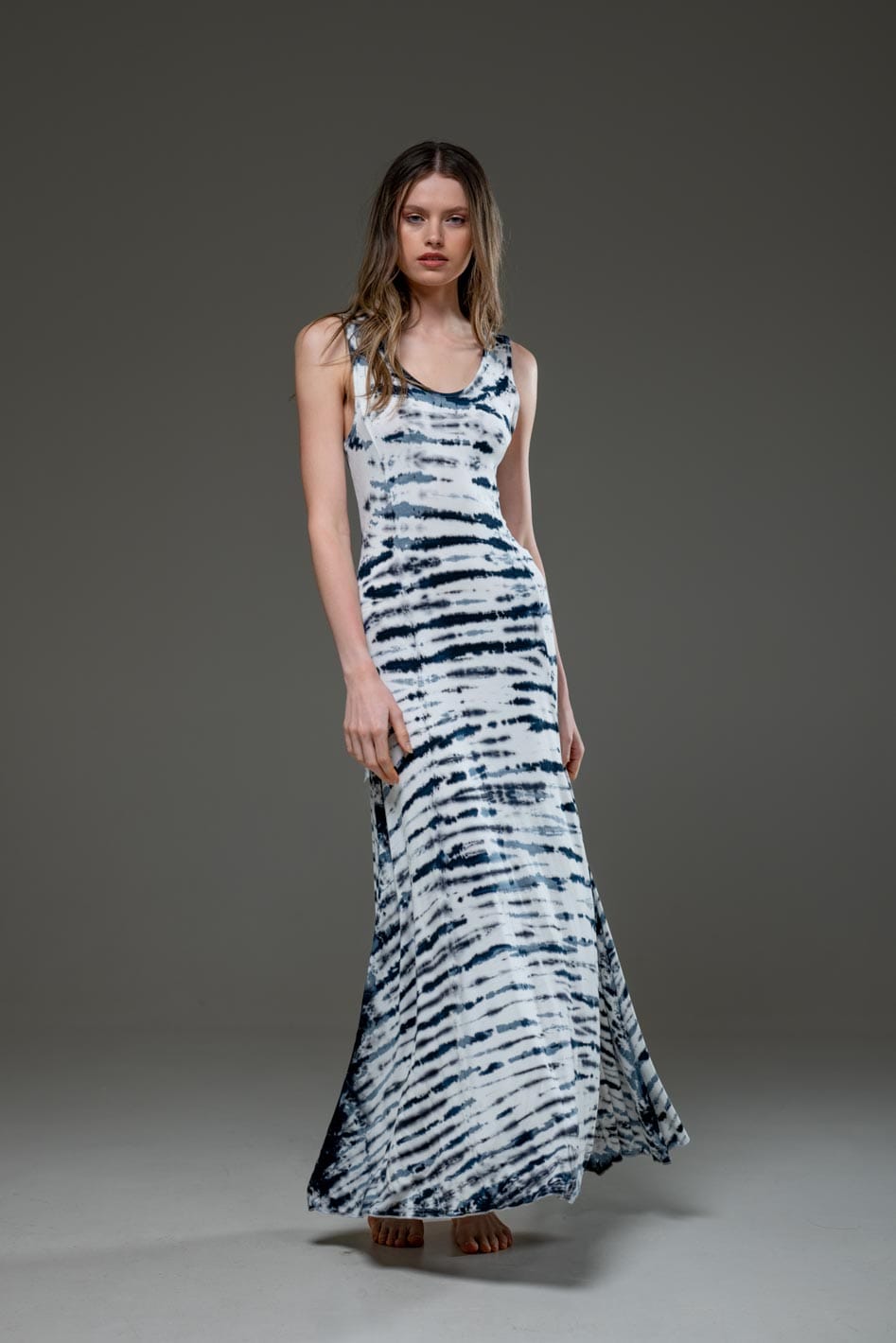 White Stripe Tie Dye Jersey Elastic Fabric Low Back Scoop Neckline A Line Long Dress