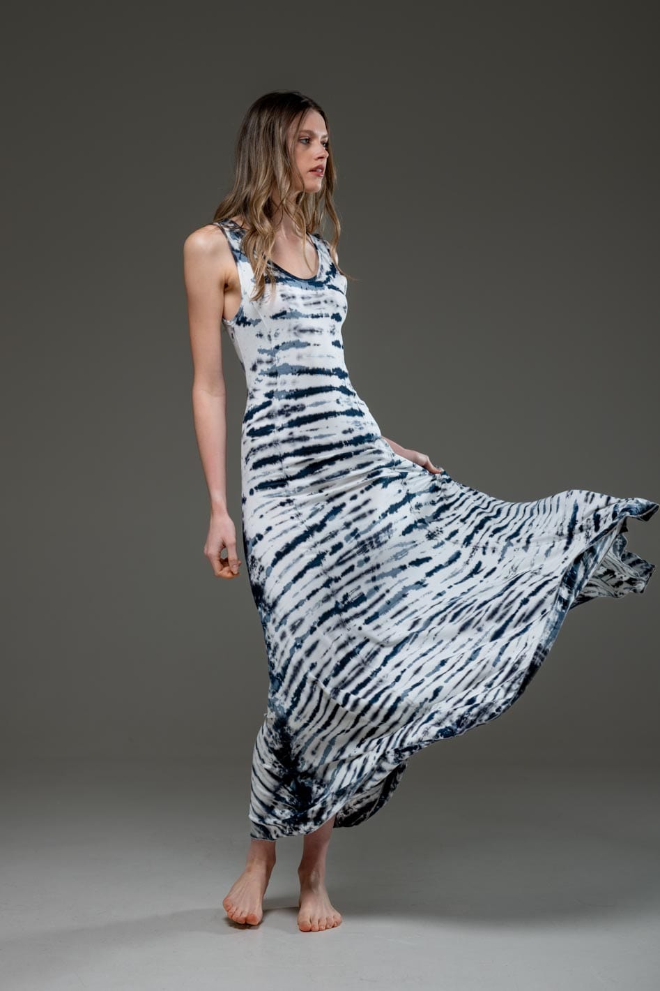 White Stripe Tie Dye Jersey Elastic Fabric Low Back Scoop Neckline A Line Long Dress