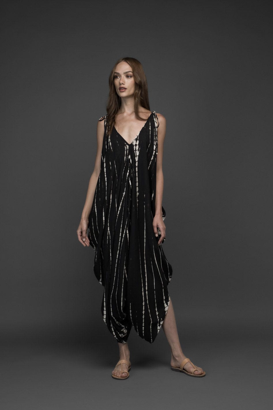 black & white rayon tie dye wide leg jumpsuit