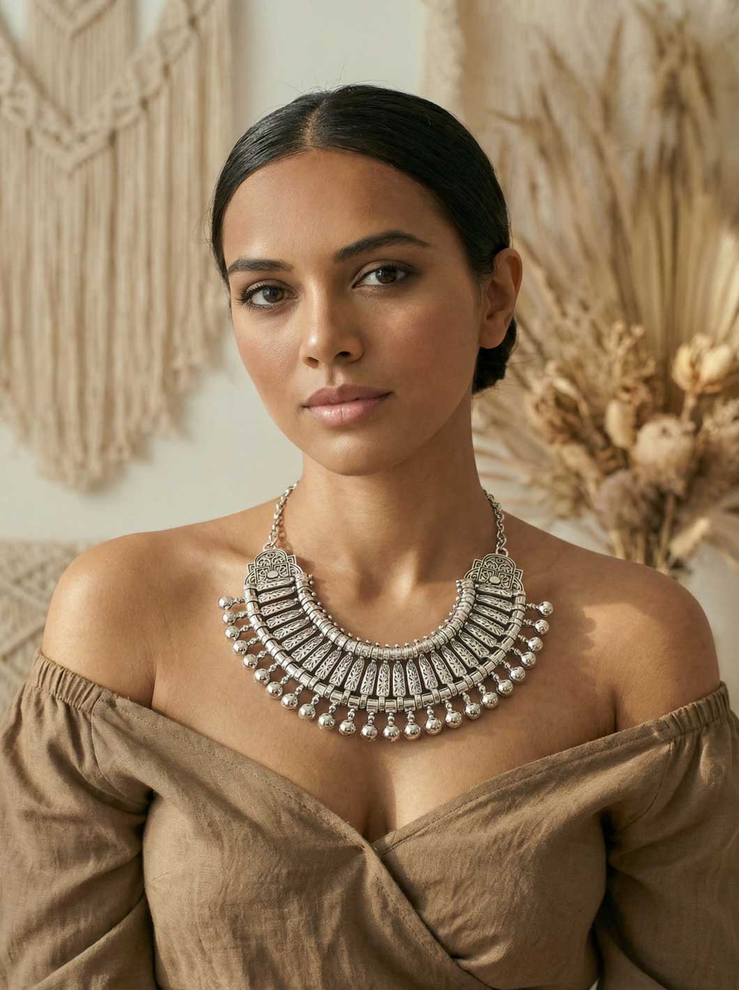 Boho silver statement necklace with ethnic design