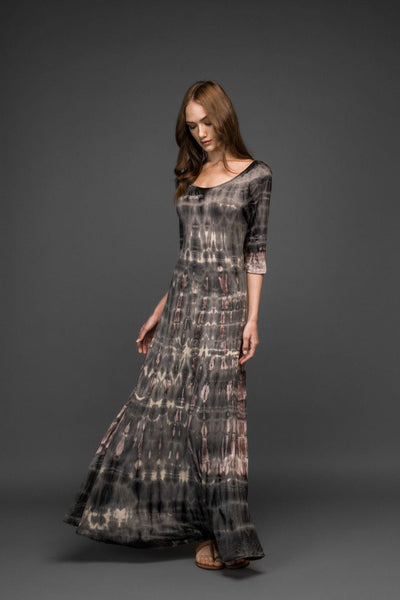 brown black tie dye scoop neck half sleeve stretched long dress