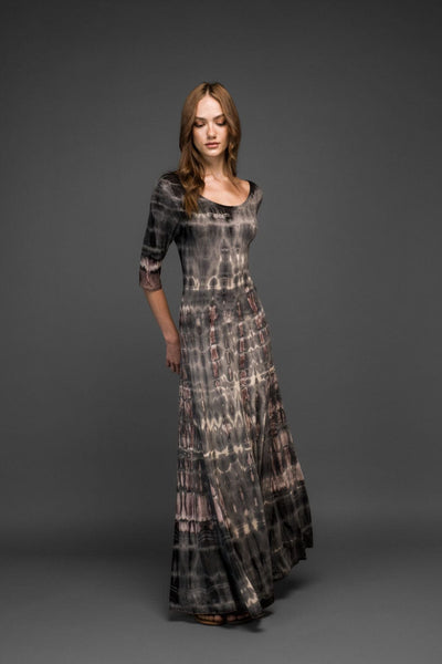 brown black tie dye scoop neck half sleeve stretched long dress