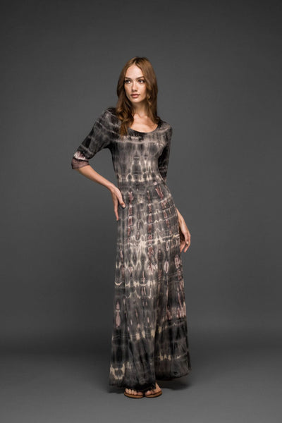 brown black tie dye scoop neck half sleeve stretched long dress