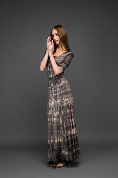 brown black tie dye scoop neck half sleeve stretched long dress