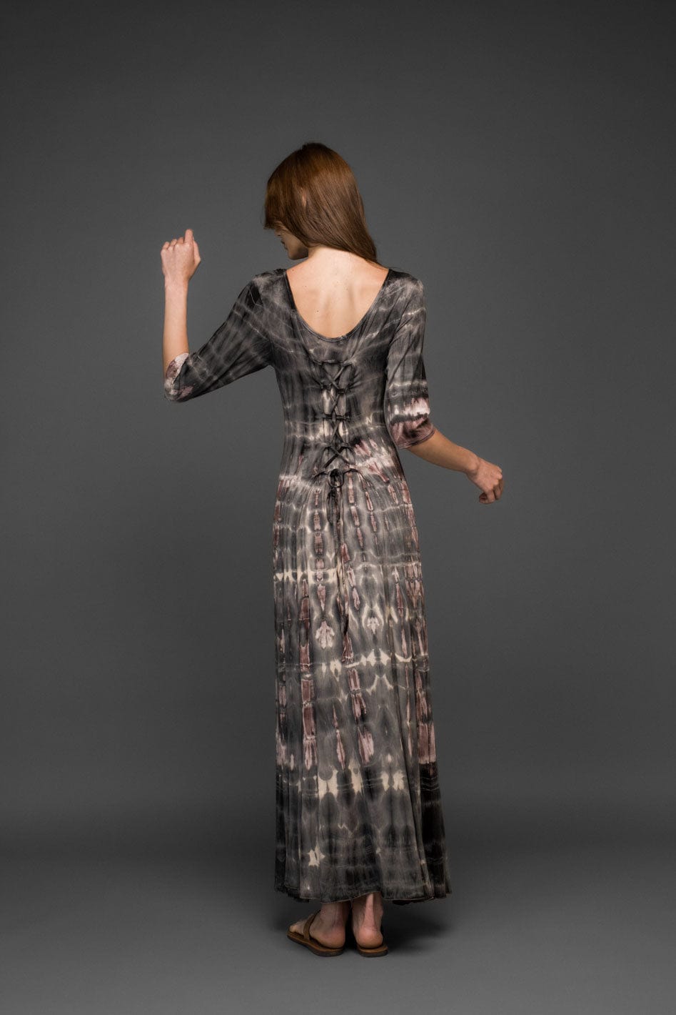 brown black tie dye scoop neck half sleeve stretched long dress