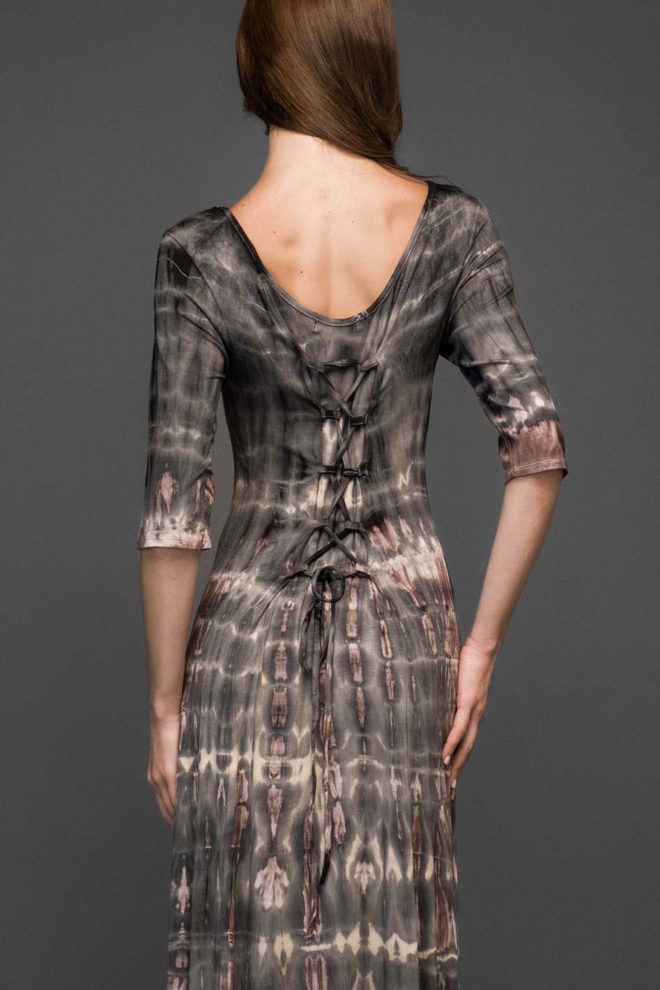brown black tie dye scoop neck half sleeve stretched long dress