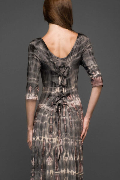 brown black tie dye scoop neck half sleeve stretched long dress