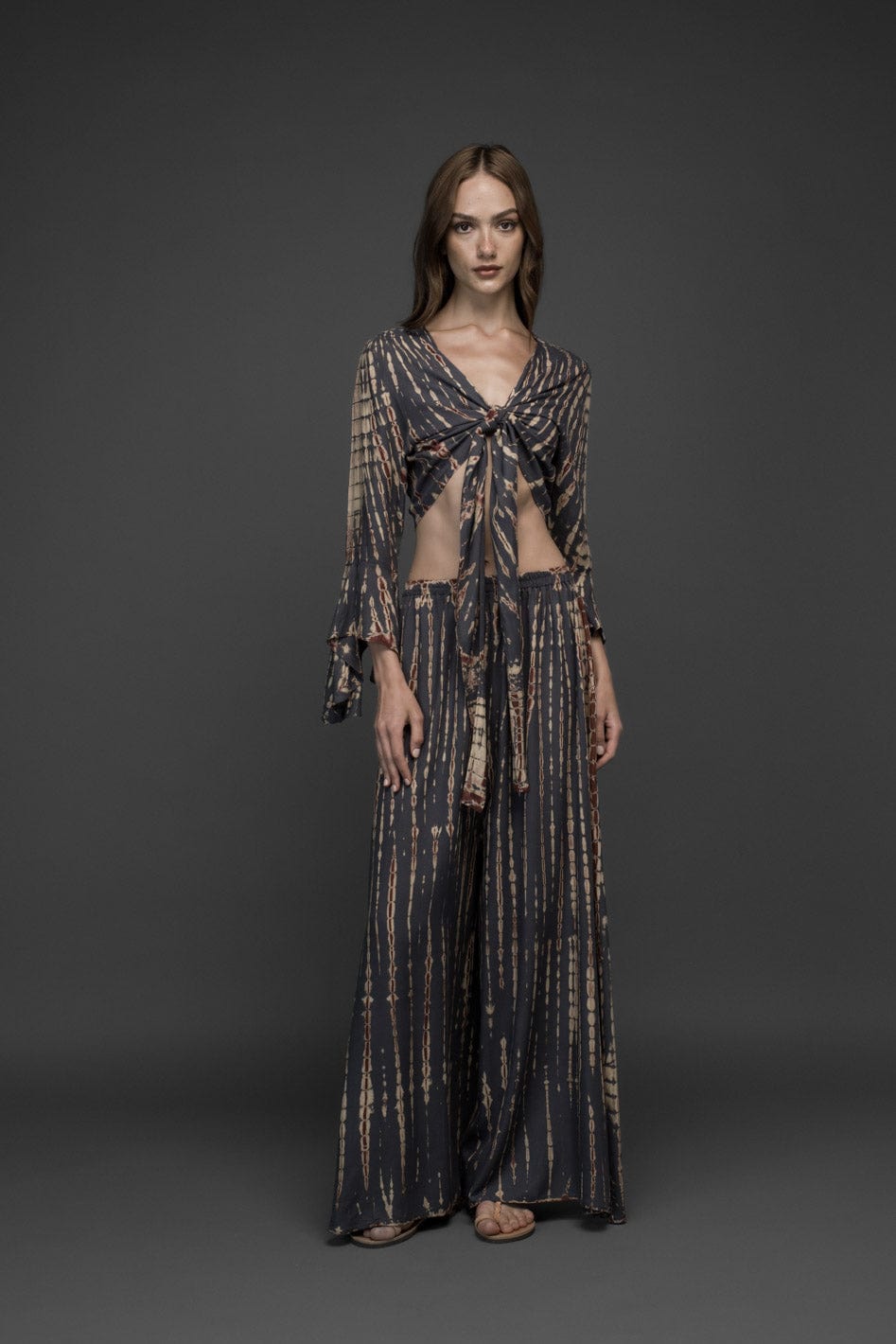 grey brown tie dye rayon wide leg long pants and bell sleeve crop top set