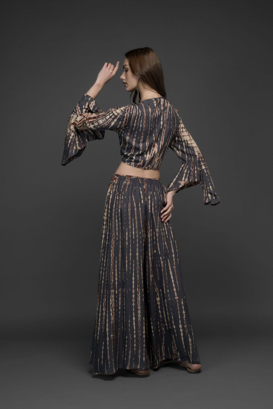 grey brown tie dye rayon wide leg long pants and bell sleeve crop top set