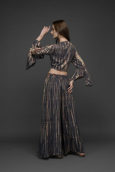 grey brown tie dye rayon wide leg long pants and bell sleeve crop top set