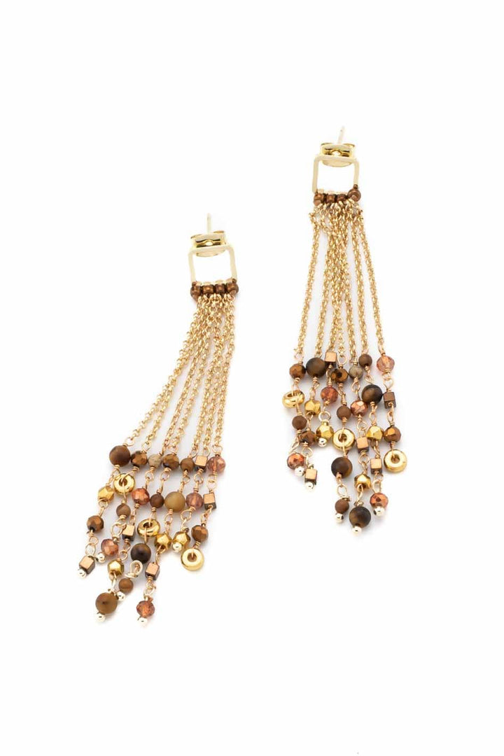 Brown boho luxe earrings with chains and miyuki beads