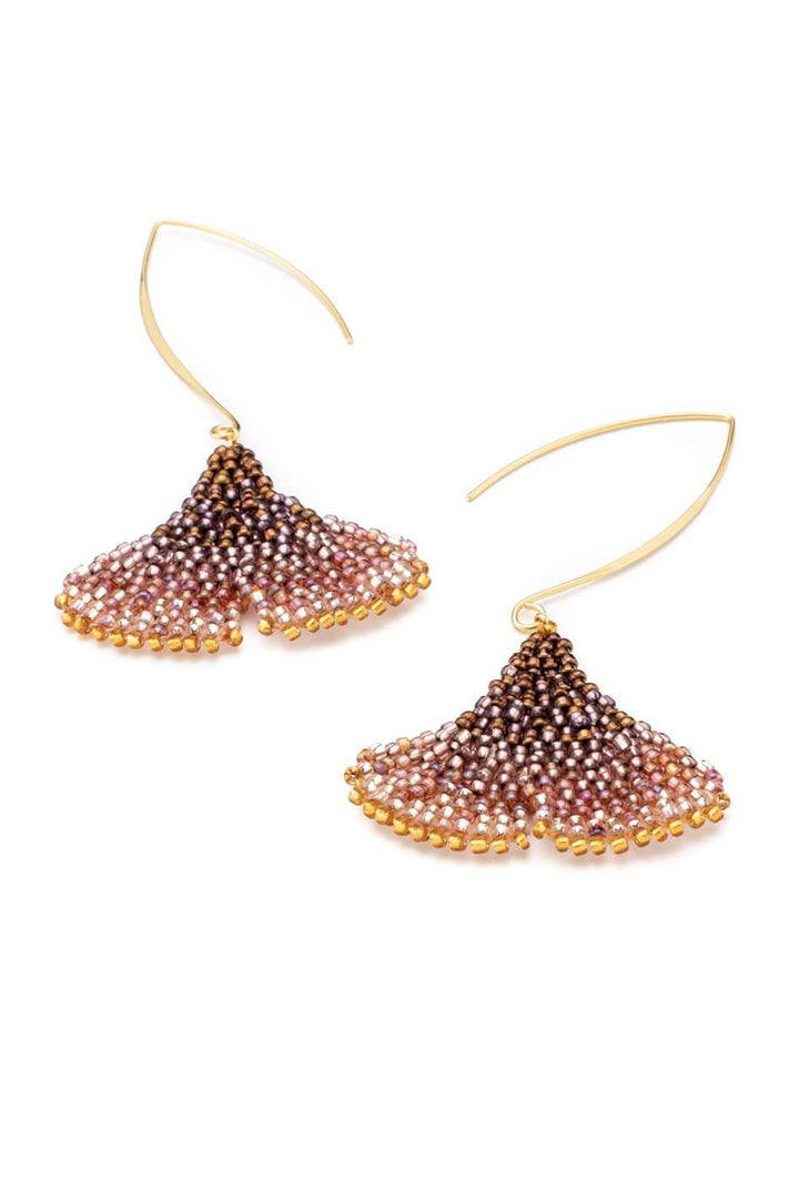 Beaded mermaid tail earrings in purple and brown tones