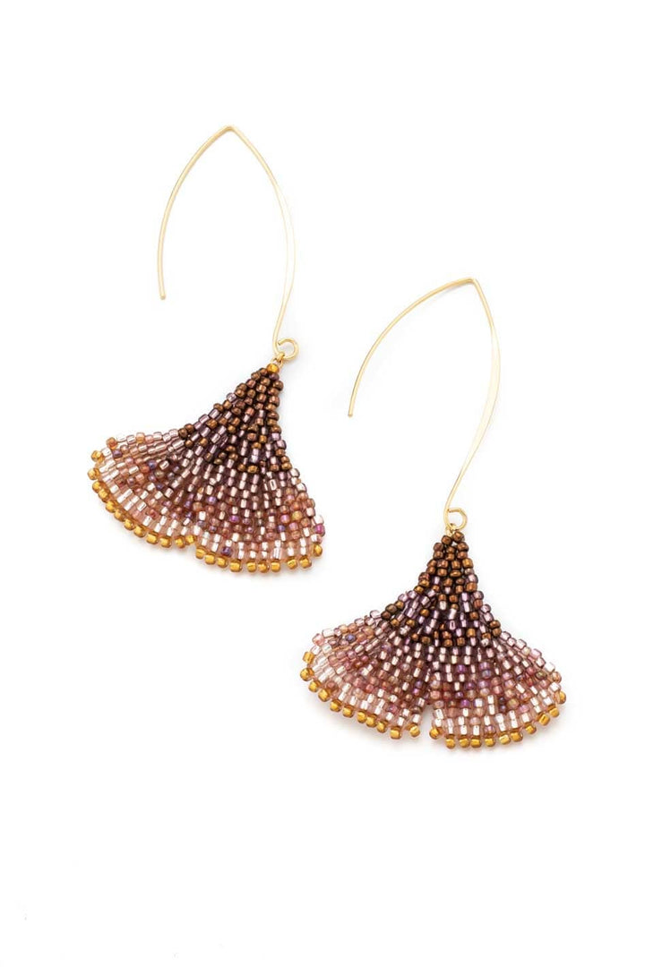 Beaded mermaid tail earrings in purpl and brown tones