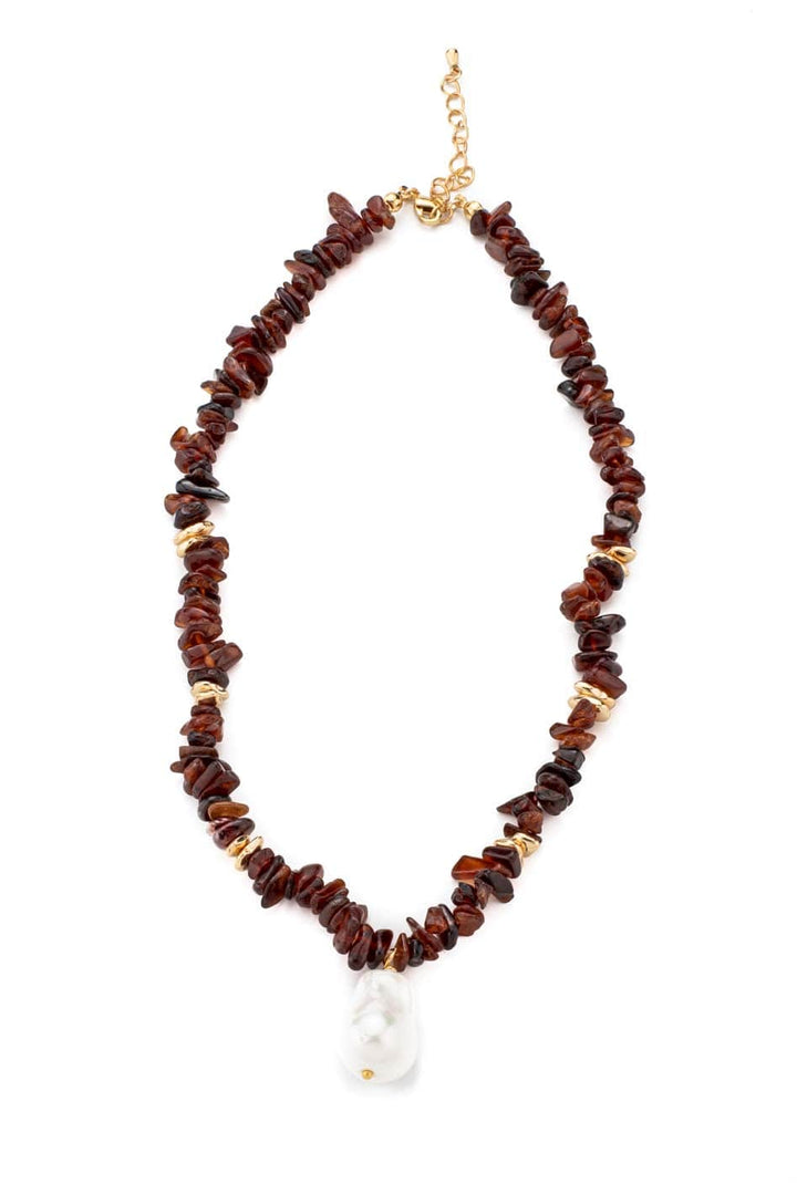 Boho necklace with brown natural stones and white pearl pendant
