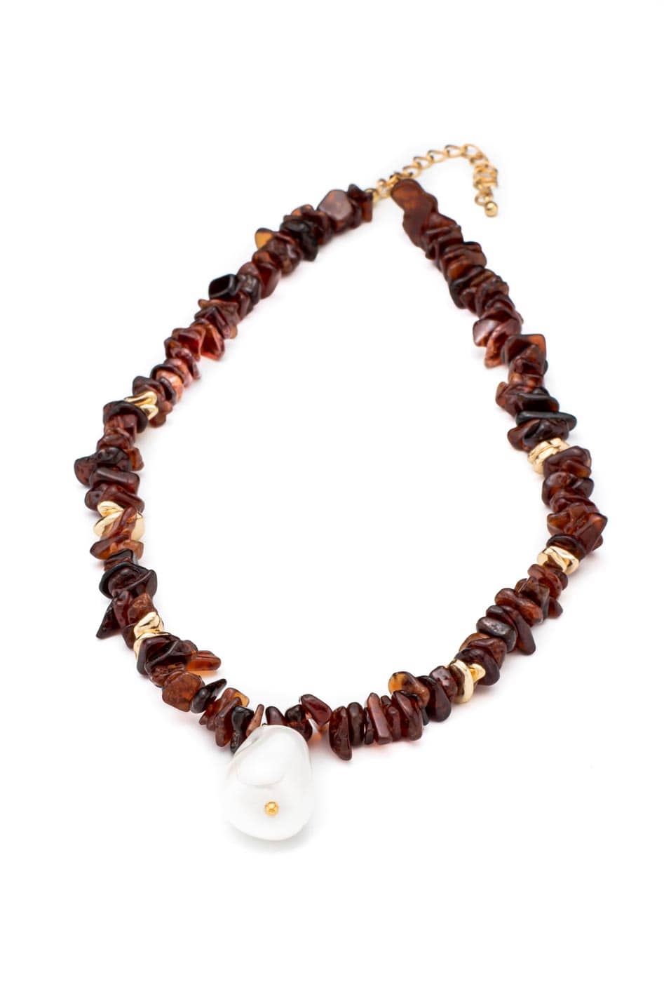 Boho necklace with brown natural stones and white pearl pendant