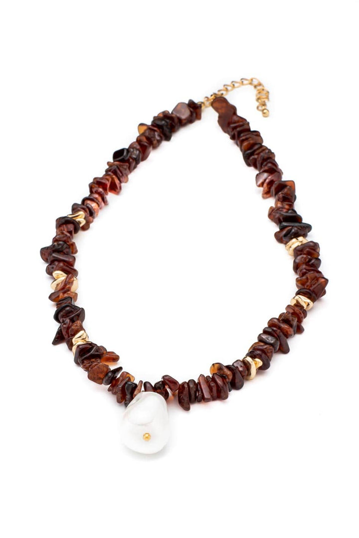 Boho necklace with brown natural stones and white pearl pendant