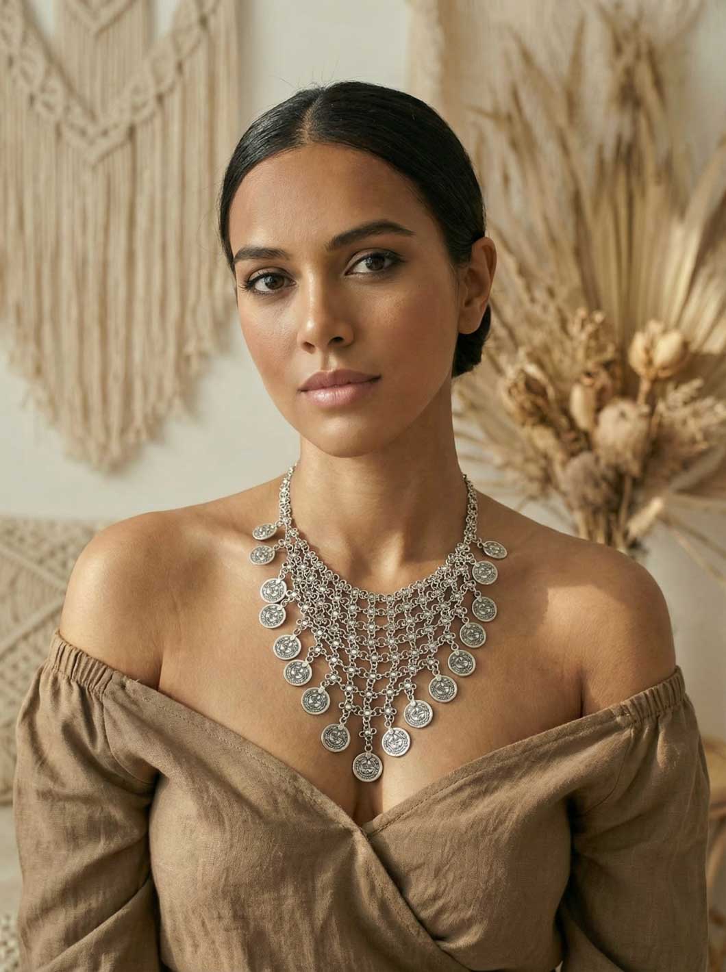Tribal coin necklace with layered chain design