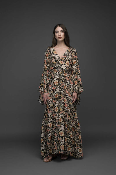 pink flower premium rayon bell sleeve self tie long wrap dress