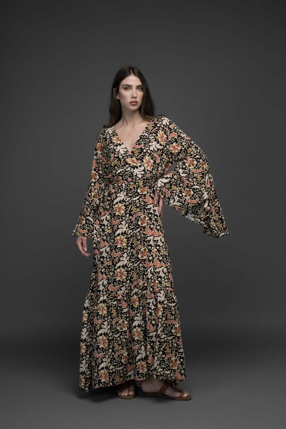 pink flower premium rayon bell sleeve self tie long wrap dress
