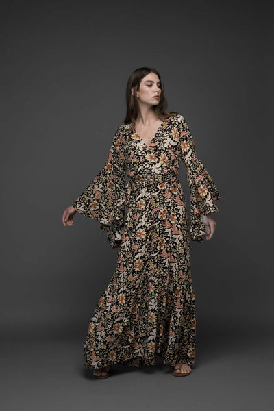 pink flower premium rayon bell sleeve self tie long wrap dress