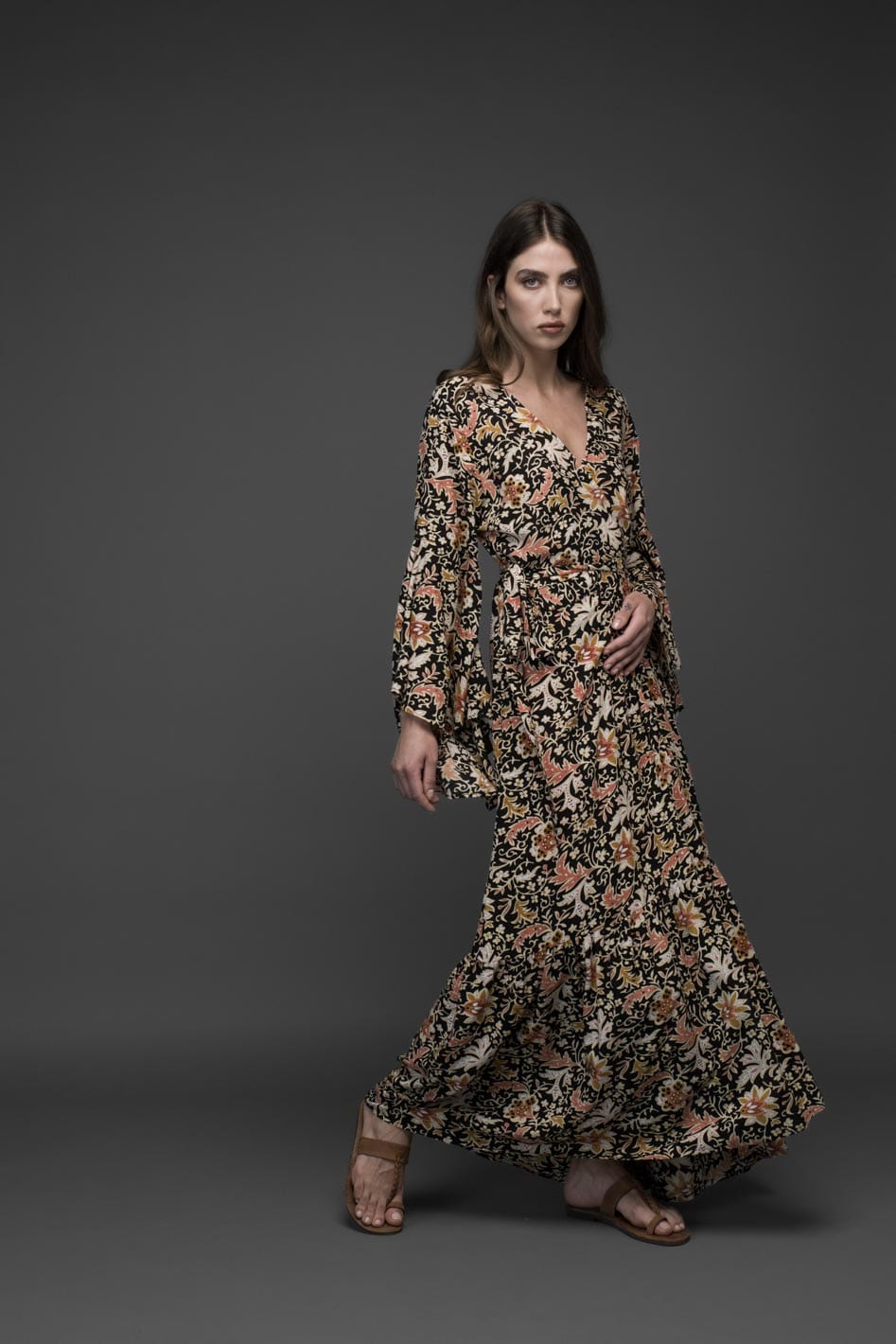 pink flower premium rayon bell sleeve self tie long wrap dress