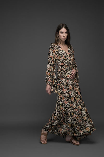 pink flower premium rayon bell sleeve self tie long wrap dress