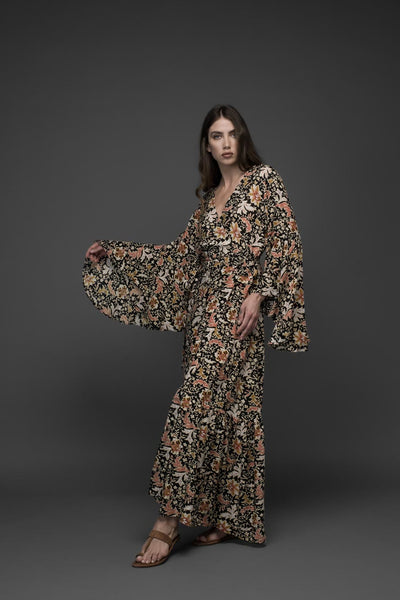 pink flower premium rayon bell sleeve self tie long wrap dress