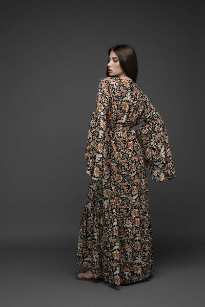 pink flower premium rayon bell sleeve self tie long wrap dress