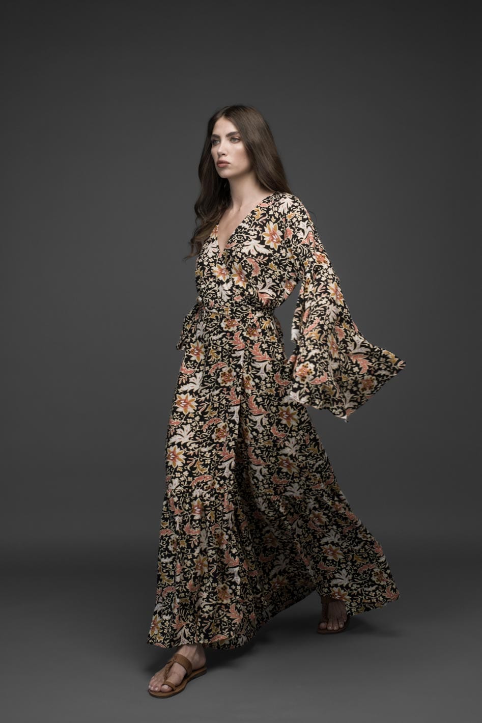 pink flower premium rayon bell sleeve self tie long wrap dress