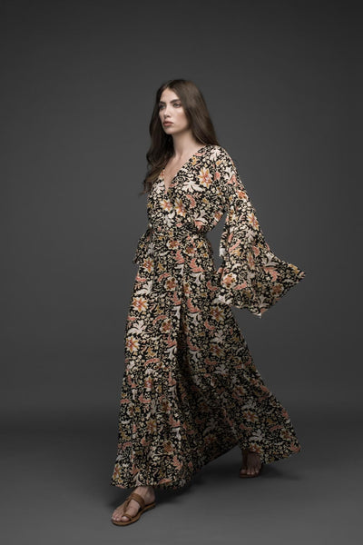 pink flower premium rayon bell sleeve self tie long wrap dress