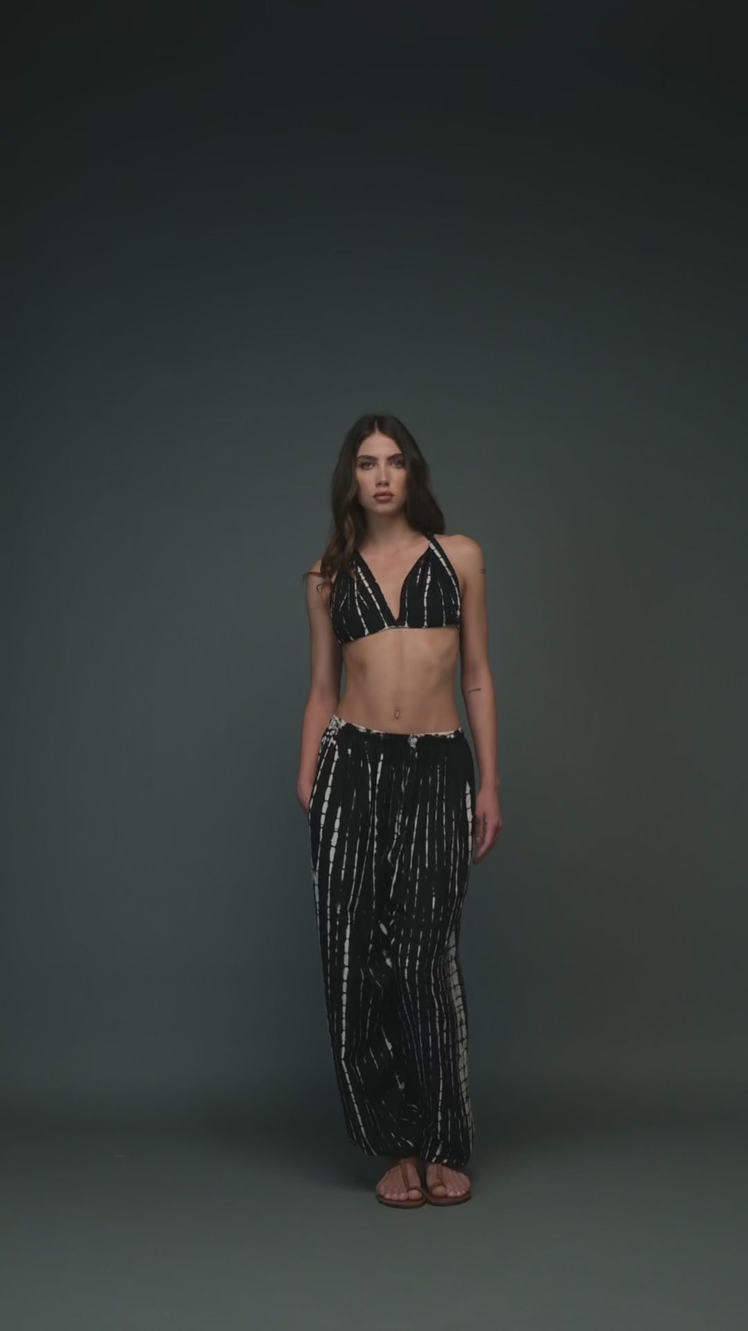 black & white die dye rayon long pants and crop top set