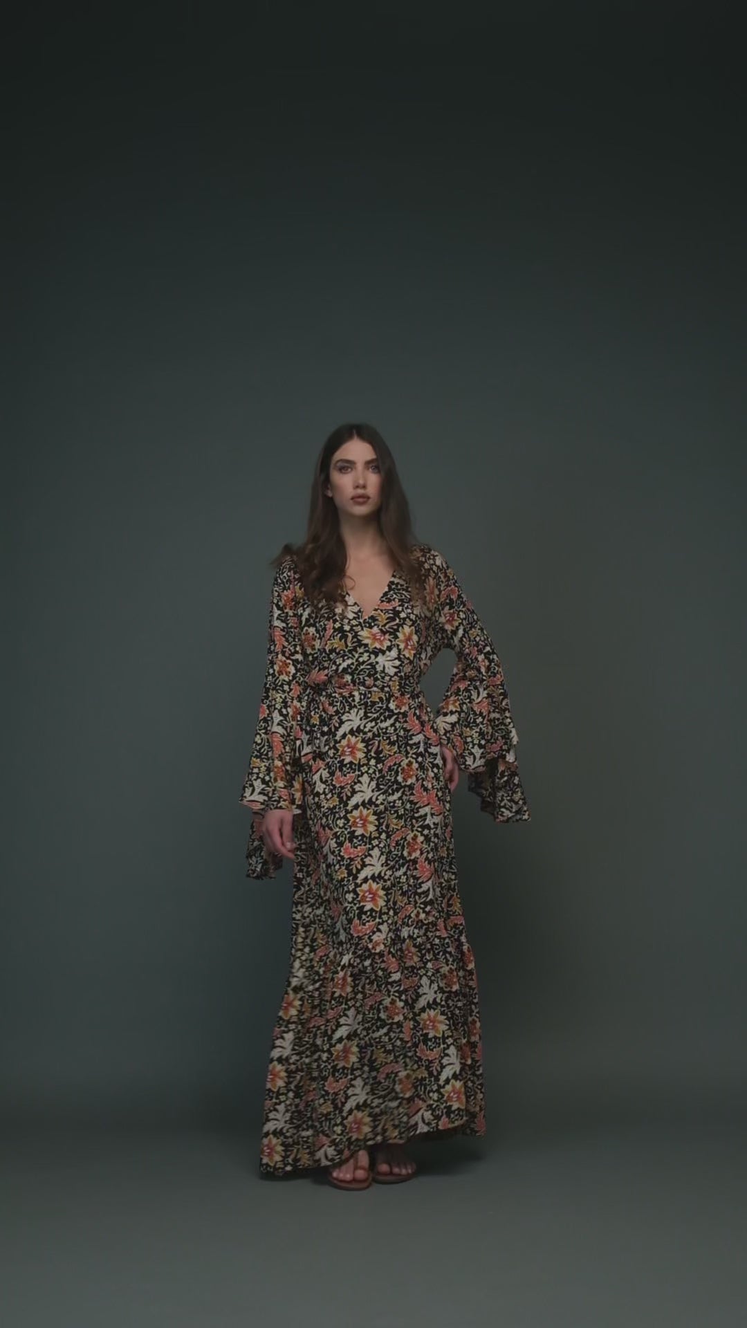 pink flower premium rayon bell sleeve self tie long wrap dress