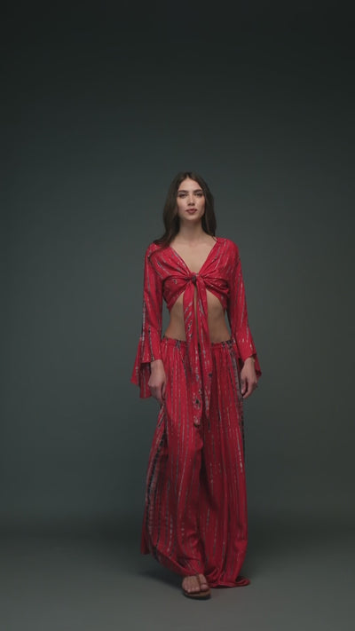 red grey black tie dye rayon bell sleeve crop top and wide leg long sleeve set