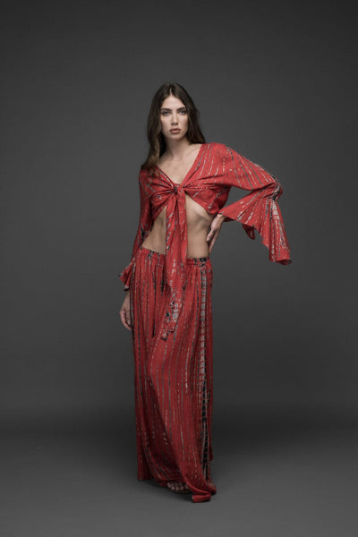 red black grey tie dye rayon wide leg long pants with bell sleeve crop top