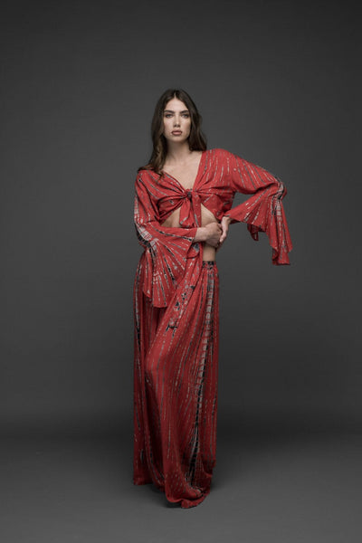 red black grey tie dye rayon wide leg long pants with bell sleeve crop top