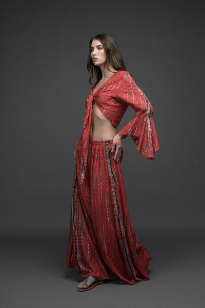 red black grey tie dye rayon wide leg long pants with bell sleeve crop top