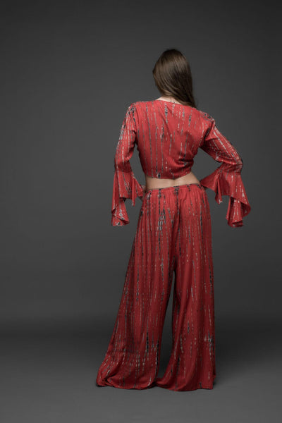 red black grey tie dye rayon wide leg long pants with bell sleeve crop top