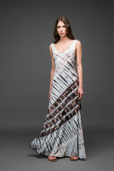 turquoise brown tie dye stretched rayon scoop neck long dress