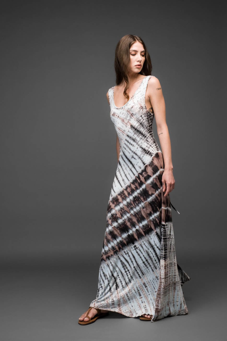 turquoise brown tie dye stretched rayon scoop neck long dress