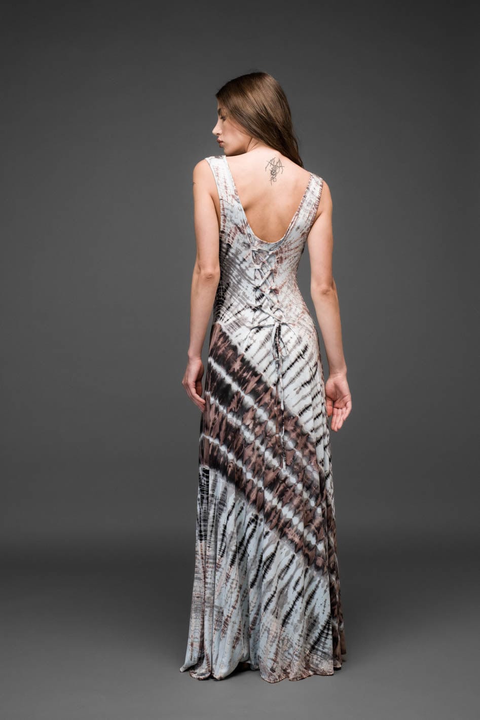 turquoise brown tie dye stretched rayon scoop neck long dress