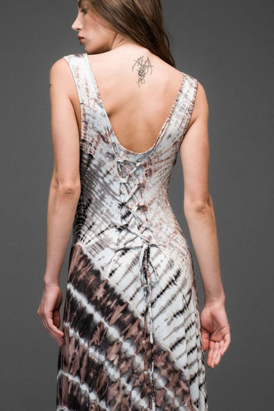 turquoise brown tie dye stretched rayon scoop neck long dress