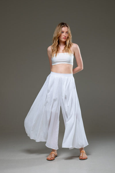 white Organic Cotton Full Length Elastic Waistline Wide Pants