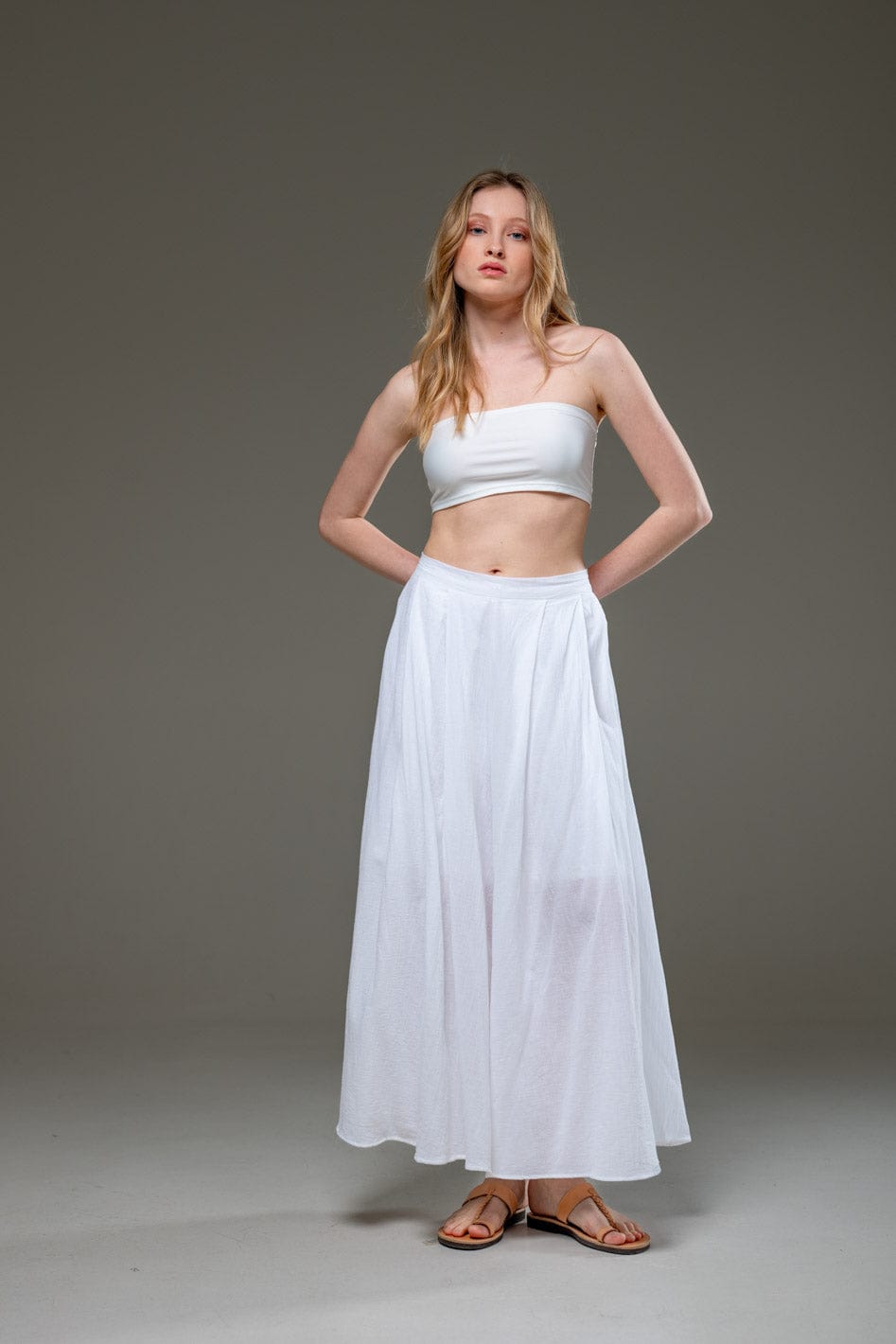 white Organic Cotton Full Length Elastic Waistline Wide Pants