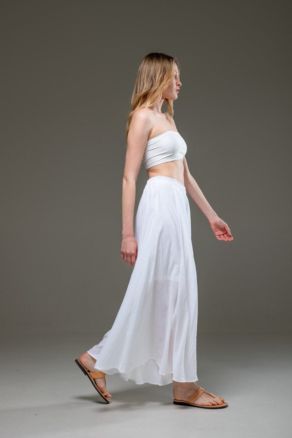 white Organic Cotton Full Length Elastic Waistline Wide Pants