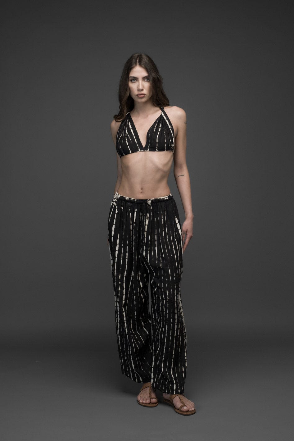 black & white die dye rayon long pants and crop top set