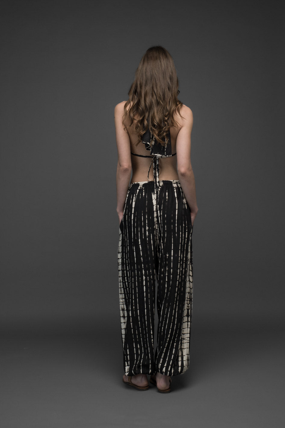 black & white die dye rayon long pants and crop top set