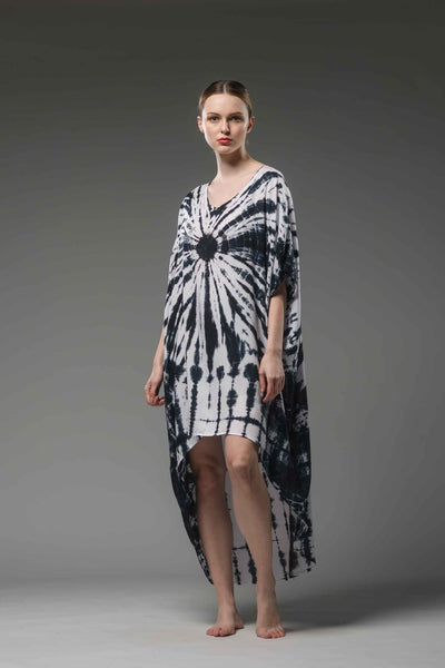 Asymmetric short sleeve black & white tie dye kaftan dress