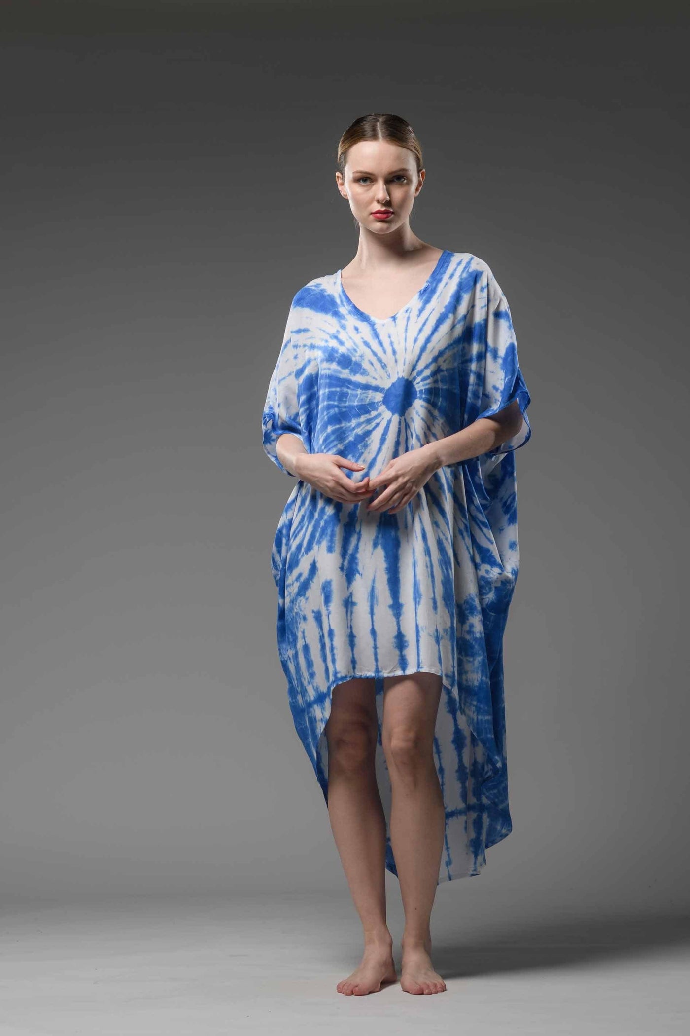 Asymmetric short sleeve indigo blue tie dye kaftan dress